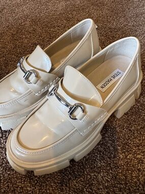 Steve Madden Ivory Patent Lug-Sole Loafers with Silver Bit